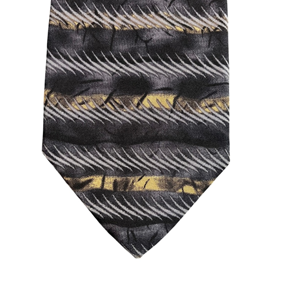 Dockers Khakis Mens Silk Necktie Abstract Striped Grey Gold Black 100% Silk Tie